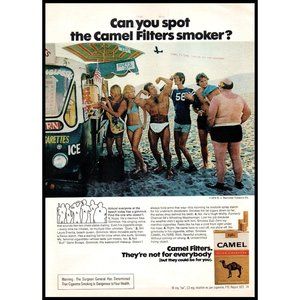 1975 Camel Filters Cigarettes Vintage Print Ad Bodybuilder Beach Bikini Wall Art